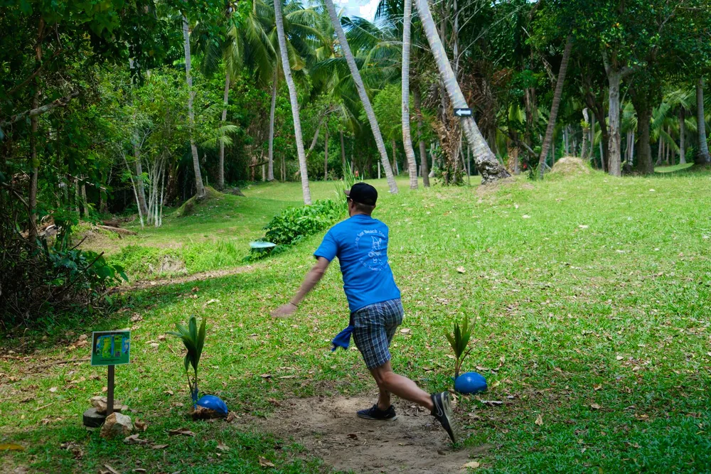 A player drives down a palm-lined fairway
