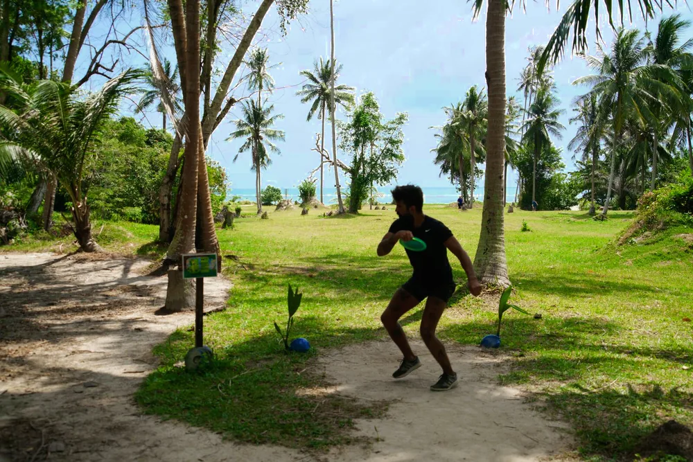 A player runs up to throw beside a coconut palm