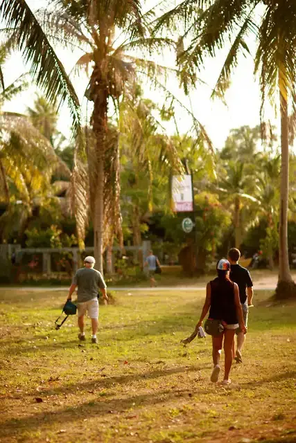 Players walk between holes under tall palms